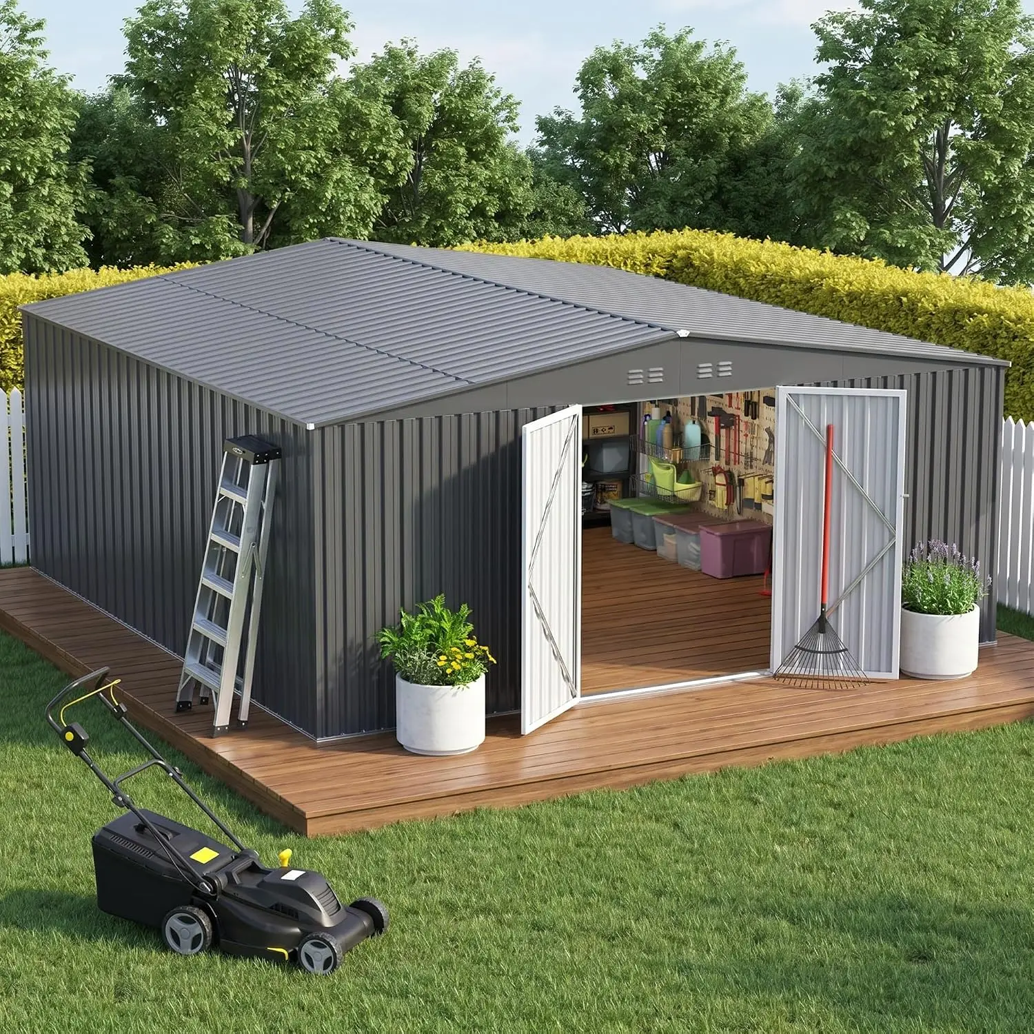 14 x 12 FT Outdoor Storage Shed, Heavy-Duty Galvanized Steel Tool Shed with Reinforced Frame, Lockable Double Door, Customized
