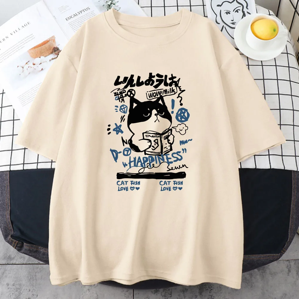 Japanese Kanji Cat Girls T-shirt Women Short Sleeve Cotton Tee-shirt O-neck Kawaii Graphic Printing Tees Streetwear Female Shirt