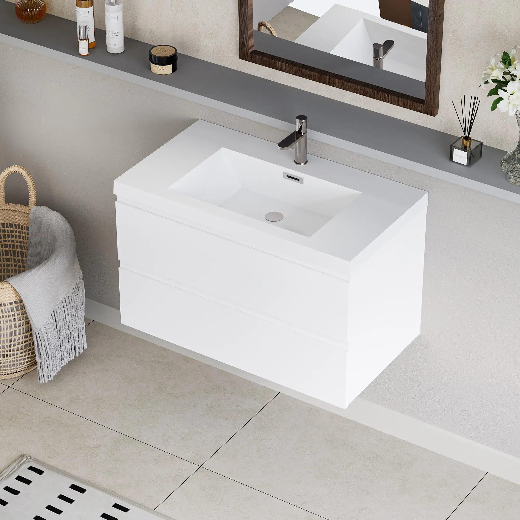 36'' Wall-Mounted Floating Bathroom Vanity with Sink, Glossy White Storage Cabinet & Resin Top, Soft Close Drawers