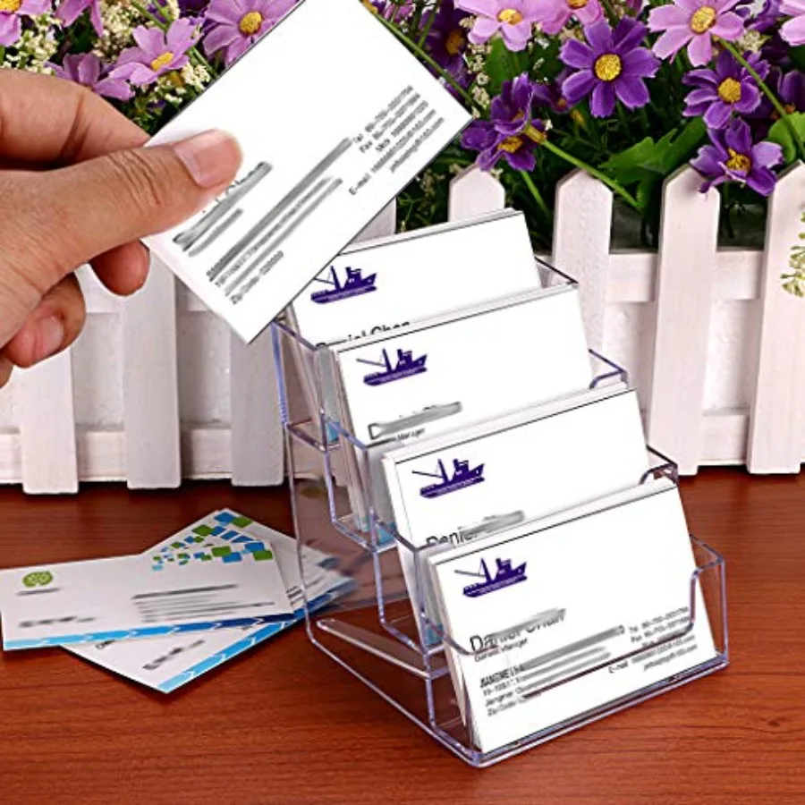 Clear Acrylic Business Card Holder Stand for Desk, 4-Tier 2 Packs Desktop Index Card Filing Card Diaplay Organizer for Office,