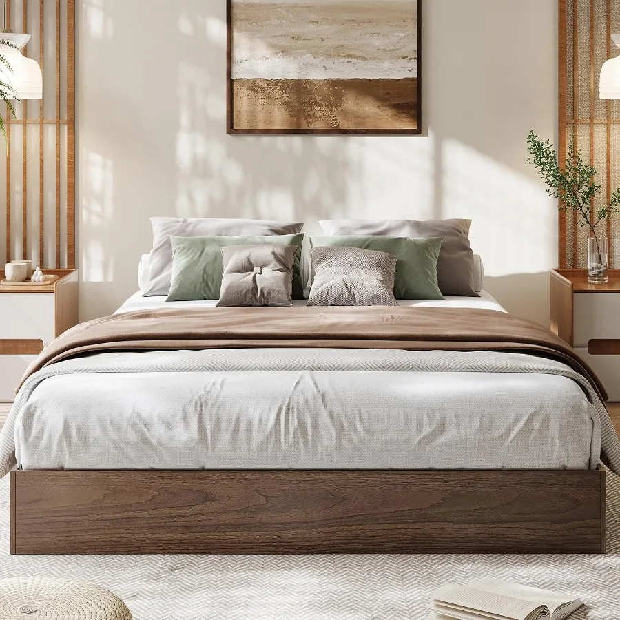 Wood Platform Bed Frame for Modern Bedrooms, Natural Wood Finish, Sleek Low-Profile Design Without Headboard