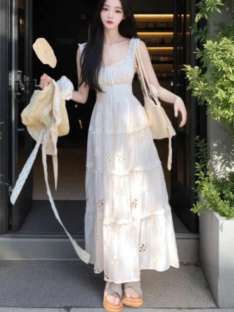 

Korean Elegant Women's Sling Dress Summer Fairycon Square Collar Backless Pleated Long Vestidos Holiady Prom Party Robe New 2025