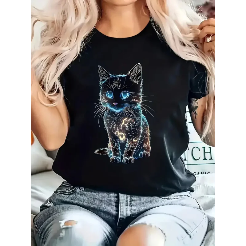 

Women's 100% Cotton Short-Sleeved Round-Neck Blouse Giraffe Cat Print Graphic T-Shirt Comfortable European & American Style