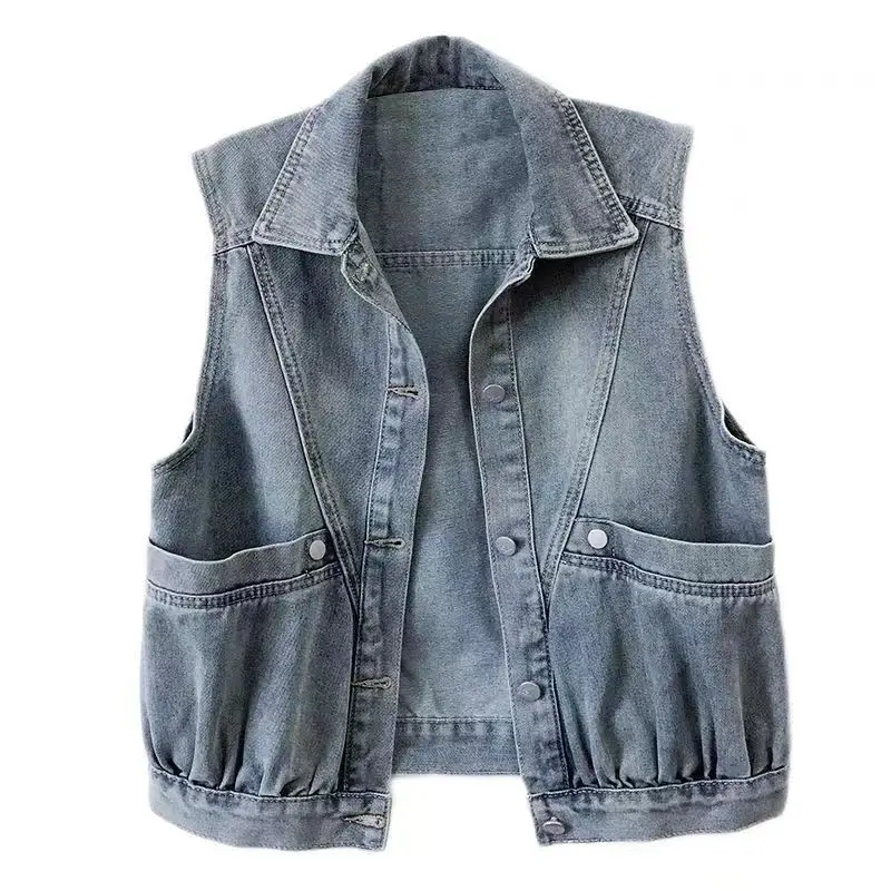 Retro Hong Kong Style Blue Denim Vest Women's Versatile Spring and Autumn 2026 Big Pocket Sleeveless Vest Jacket Jeans Coat