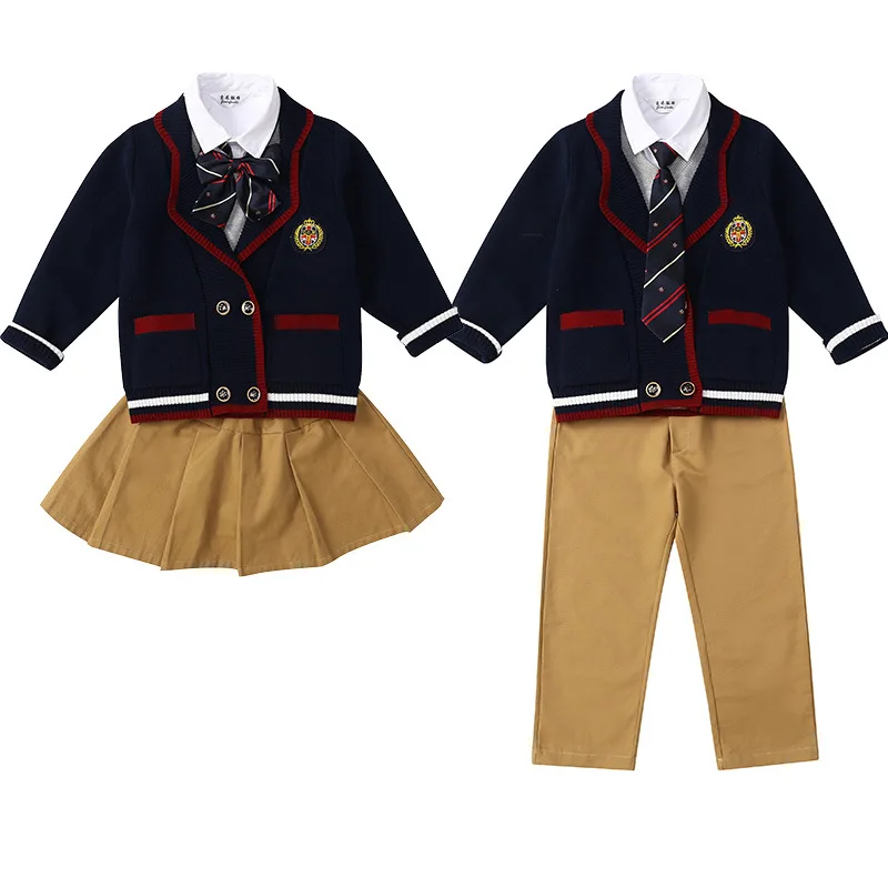 Spring Autumn Children Navy Blue Sweaters for Big Girls Boys Cotton Knitted Cardigans Coat England Style Double Breasted Uniform