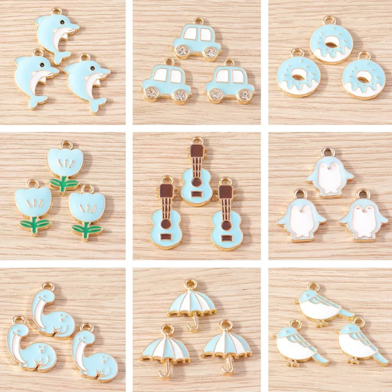 10 stücke Nette Blaue Farbe Emaille Tier Vogel Pinguin Katze Blume Charms Anhänger für Schmuck Machen DIY Ohrringe Halsketten Handwerk geschenk – Detail 1