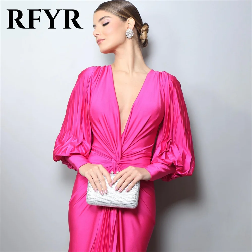 RFYR Mermaid Sexy Woman Evening Dress Gown Royal Blue Prom Gown Pleat Stain Pleat V Neck Night Dress Gown Plus Size Customized