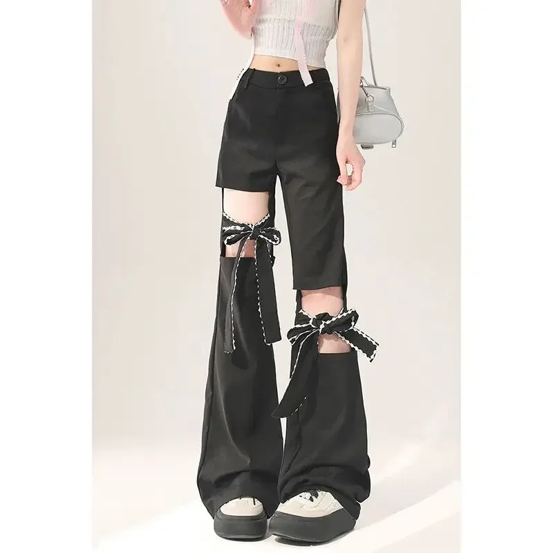 Kawaii Bow Black Hollow Out Loose Summer Pants Women American Wide Leg Sweet Preppy Style Y2k Flare Pant Hole Ankle Length