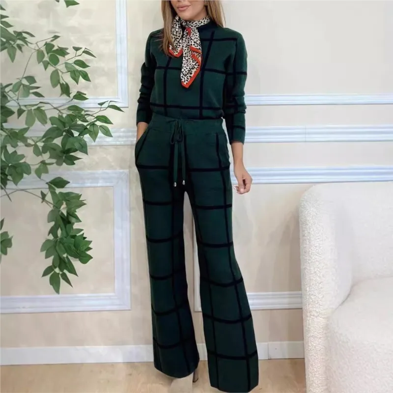 Women Elegant Temperament 2 Piece Sets Solid High Neck Long Sleeve Plaid Printed Trousers Set For Women 2024 Autumn/Winter New