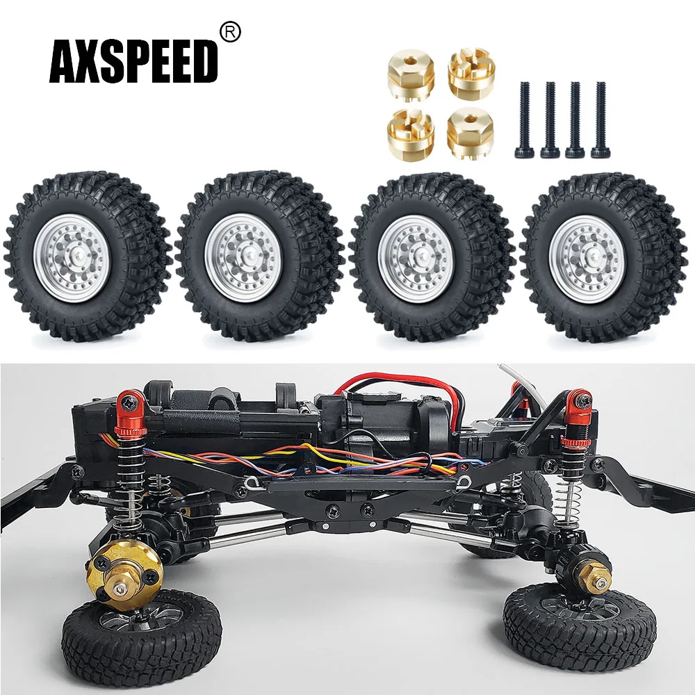 AXSPEED 4Pcs Metal Wheel Rims + Rubber Tires + Brass Adapter for Kyosho Miniz 4x4 Jeep Wrangler Rubicon 1/24 RC Car Truck Parts