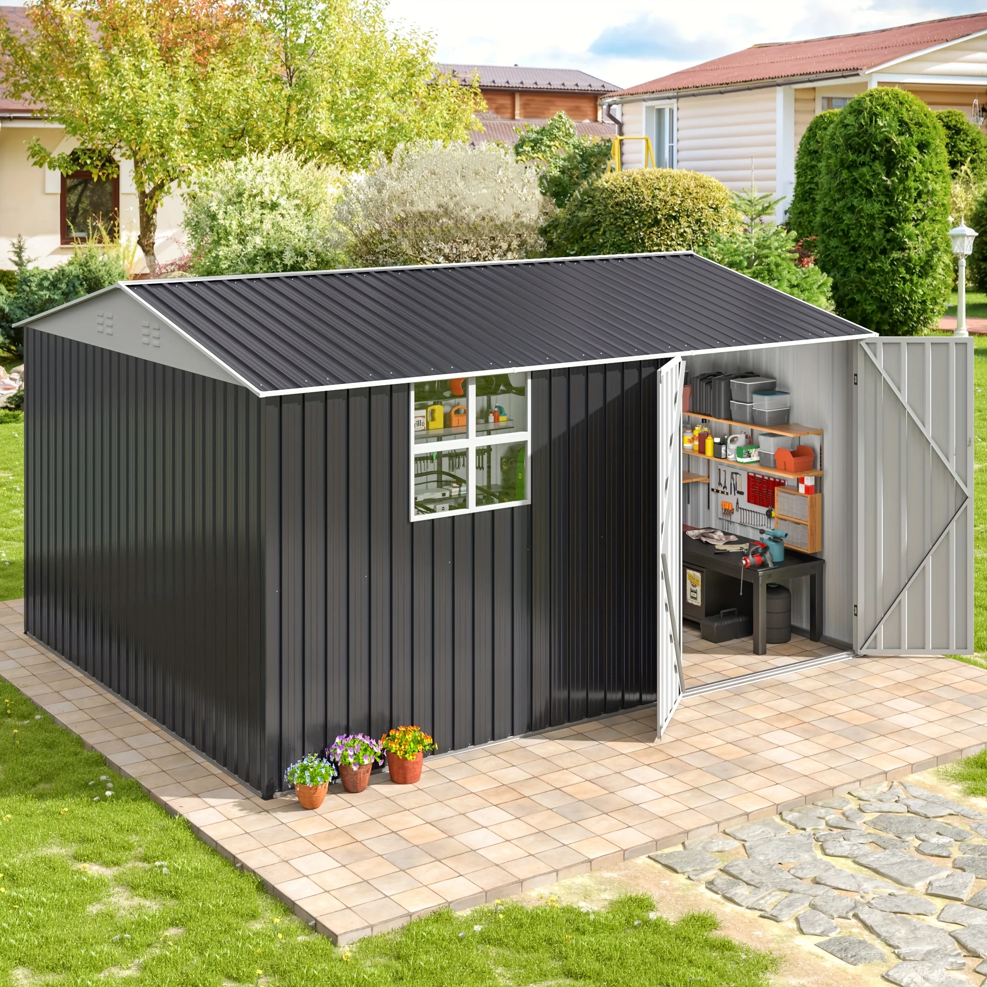 

Polar Aurora 10x12 FT Outdoor Metal Storage Shed with Windows, Lockable Garden Tool Shed, Heavy-Duty Frame, Backyard Patio Black