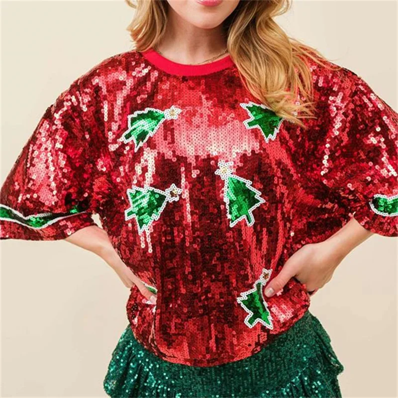 Womens Summer Fashion Sequins T-shirt Short Sleeve Crewneck Rugby Print T-shirt Tops for Party Stage Performance Costumes