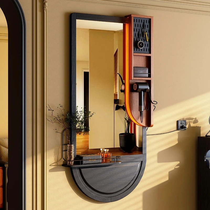 Retro full-body mirror, wall-mounted household porch wall-mounted fitting mirror rack integrated