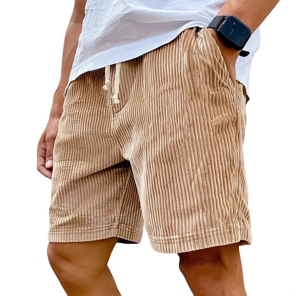 2026 new men's retro embroidered logo corduroy lace-up casual shorts men