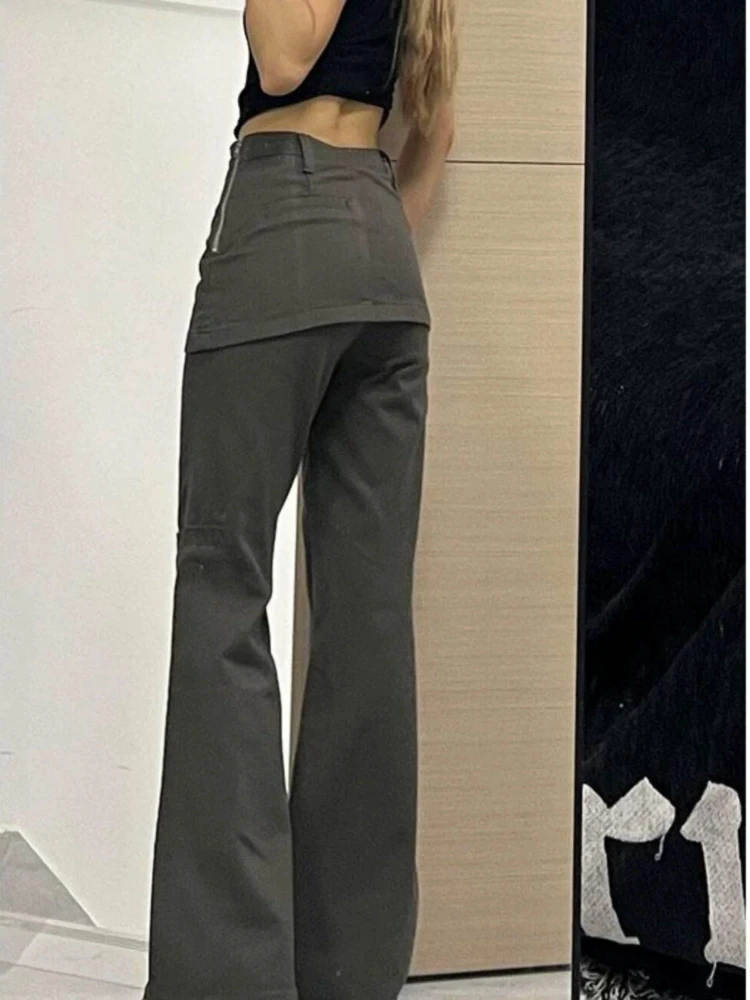 Deeptown Harajuku Patchwork Women Flared Pants Vintage High Waist American Style Fake Two Piece Trousers Y2k Baggy Solid Gyaru
