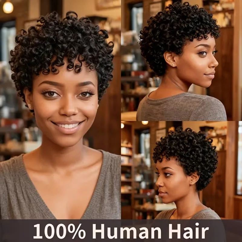 

Парик из афро- человеческих волос, короткий парик с стрижкой пикси, странный вьющийся бразильский для женщин, 100% человеческие волосы, полный парик машинного производства