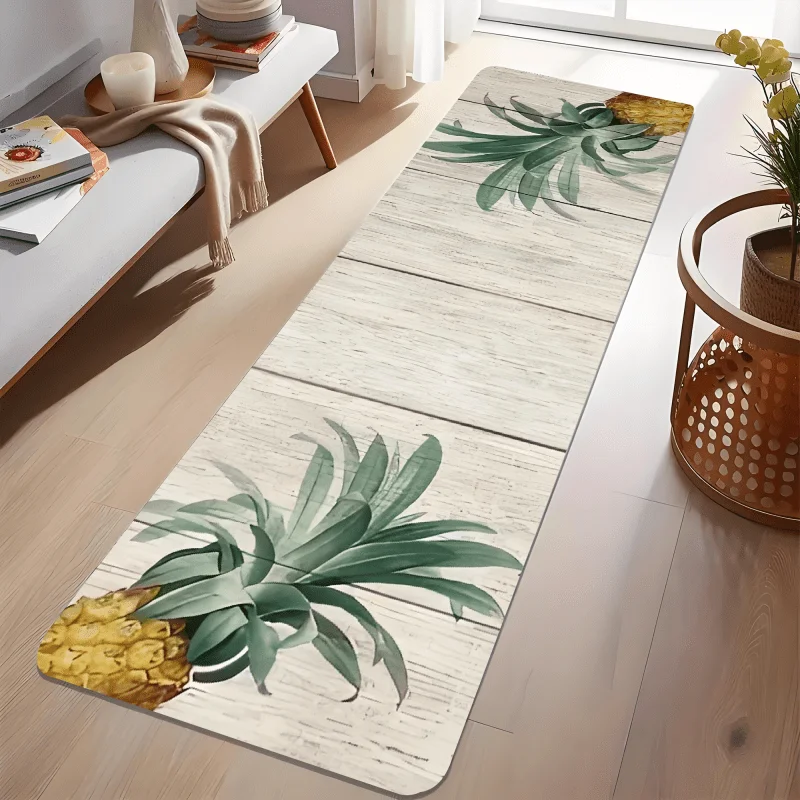 Vintage Light Wood Board Pineapple Fruit Watercolor Floor Runner Rug, washable mat for entry anti-slip simple home decor