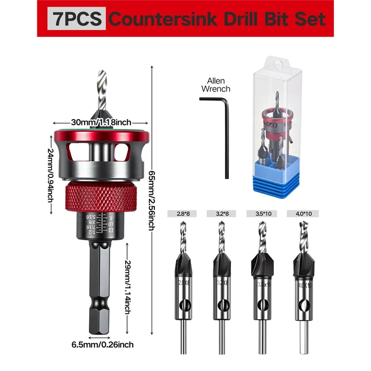 BHBL 7 PCS Countersink Drill Bits Set, 4PCS Four-Flute HSS M2 Tapered Drill Bits and Adjustable Depth Stop Collar