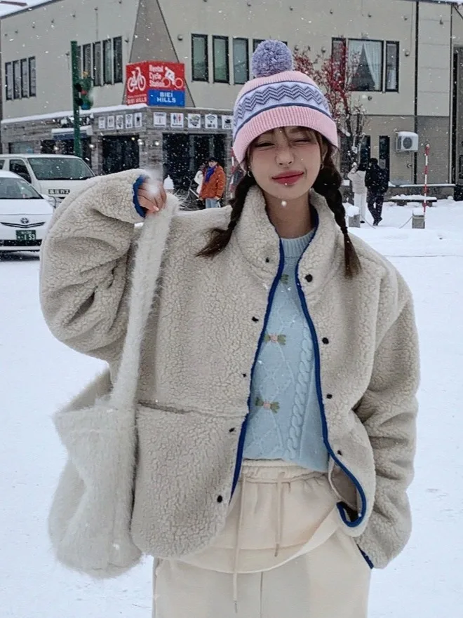 

Winter New Cute Versatile Lamb Fur Color Blo Jaet Women Chic Aosphere Sensation ort Top Korean Sle Loose Fit