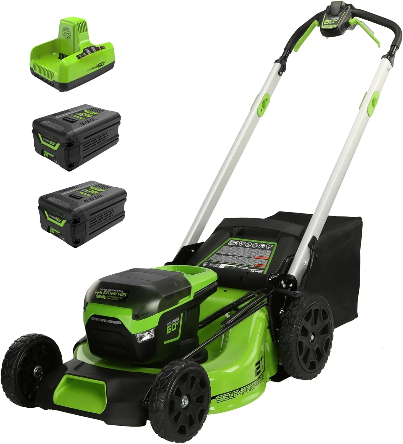 

Mower 60V 21” Cordless (Self-Propelled) Lawn (LED Lights + Aluminum Handles), 2 x 4.0Ah Batteries and Dual Port Rapid Charger