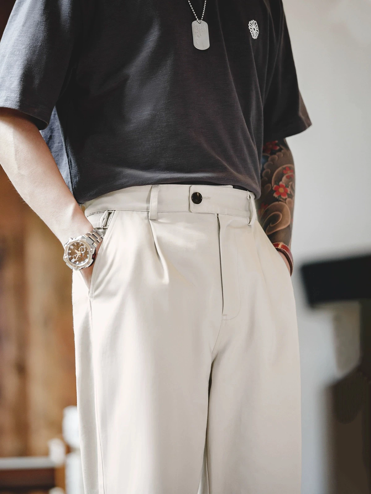 Maden American Style Men's Casual Pants High Waist Loose Fit Cotton Straight Leg Long Pants Paris Buckle Autumn Leisure Trousers