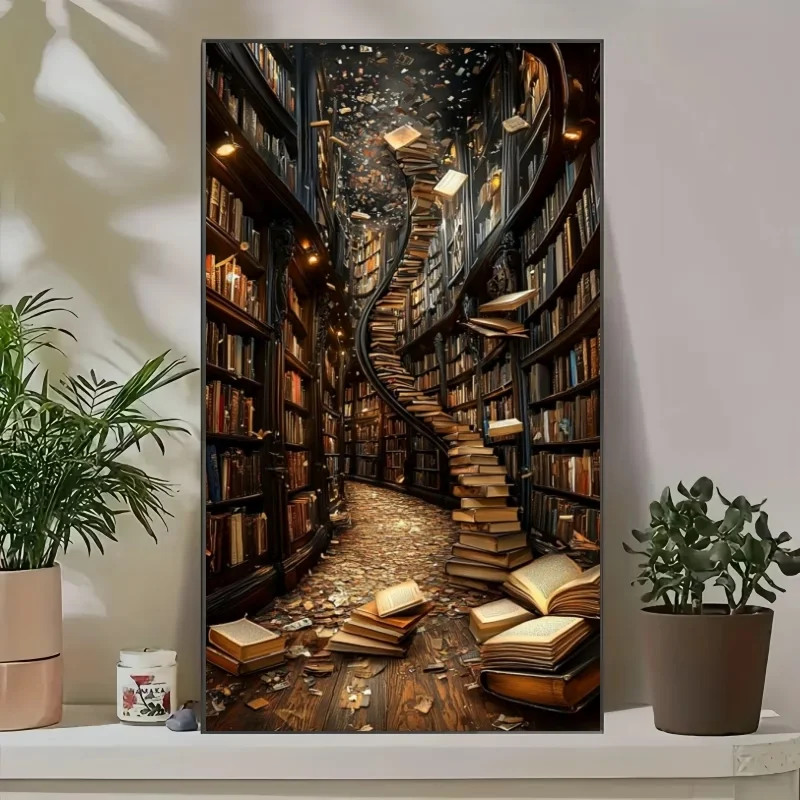 Amazing Bookshelf Library Books Full Round Square Diamond Painting Set, New 2026 DIY Diamond Art Mosaic Animals Craft Handmade H