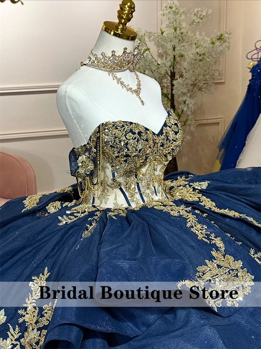 Robes De Quinceanera brillantes bleu marine, dentelle appliquée, perles, cristaux, nœud, fête d'anniversaire, douce 16, personnalisées