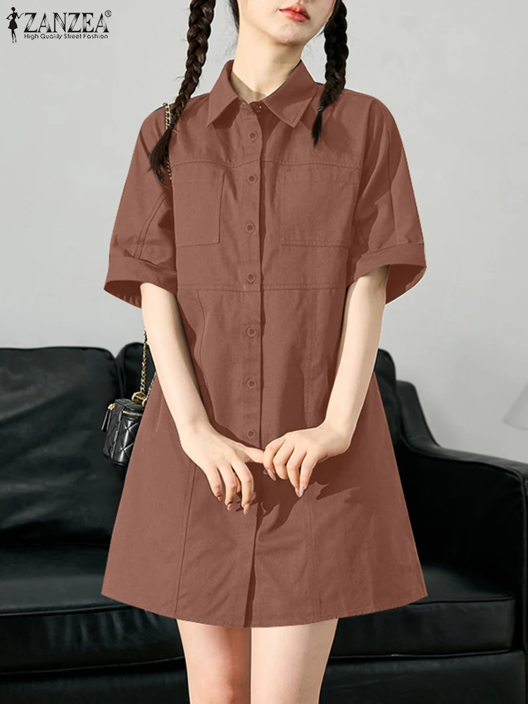 ZANZEA Half Sleeve Turn-down Collar Mini Dress Casual Button Up Commute Women Vestidos 2025 Summer Seam Detail Solid Shirt Dress