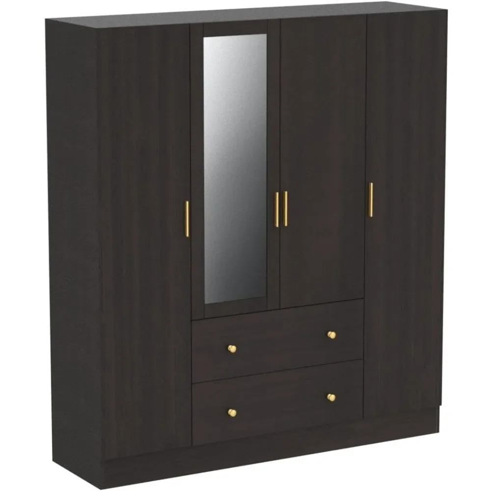 4-door wardrobe with mirrors, 63 inch wide large independent wardrobe with 2 drawers, shelves, and 2 hanging bars