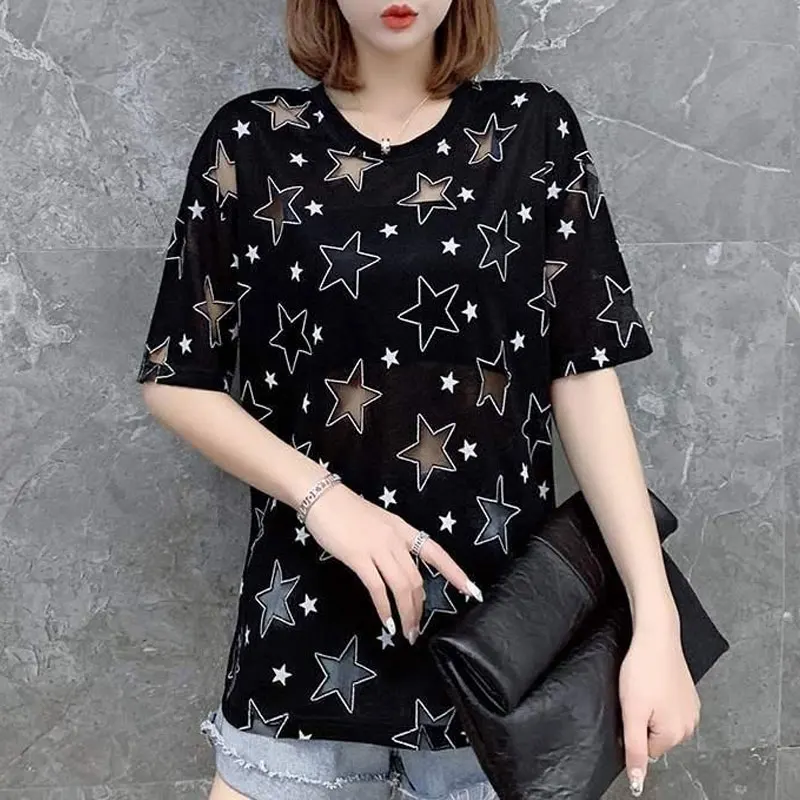

Summer Stylish Gauze Hollow Out Short Sleeve Female Clothing Casual Round Neck T-shirt Korean Star Printed Loose Pullovers 2025