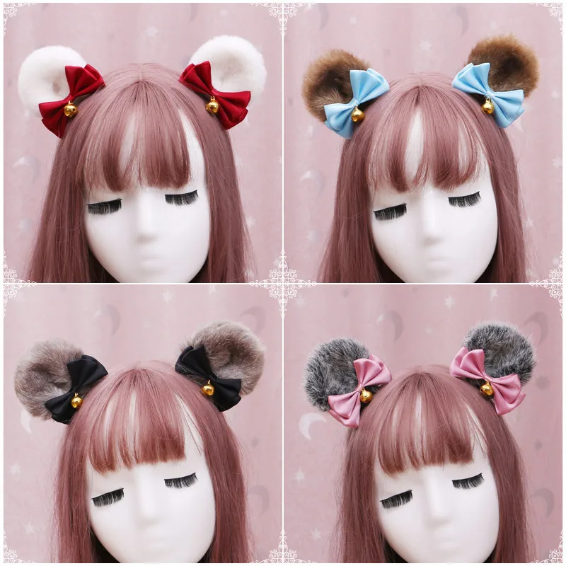 Kawaii Bear Ears Headband Plush Bow Bell Faux Fur Bear Ear Headdress Cosplay Accessories Girl Hair Hoop Gyaru Hairpin Headwear