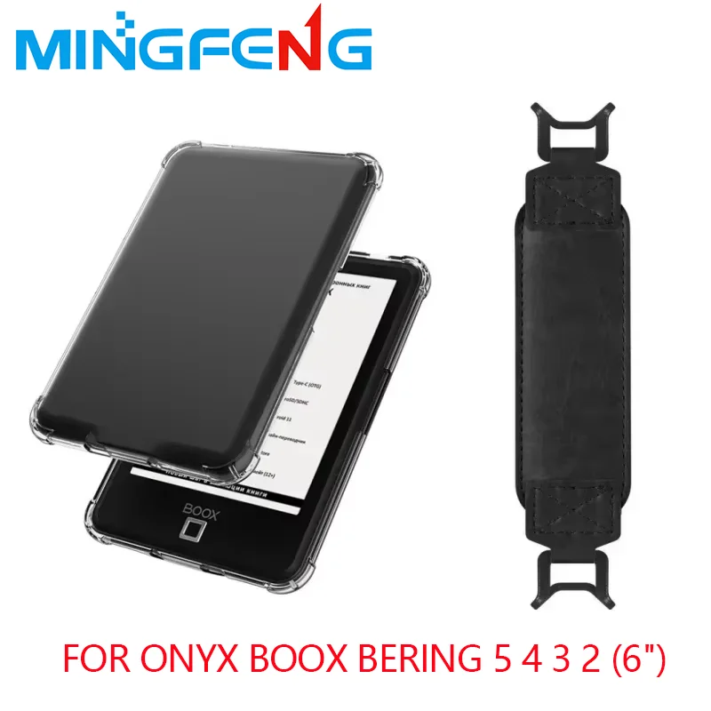 2 en 1 para Onyx Boox Bering 5 4 3 2 (6 ") eBook Funda trasera transparente de TPU a prueba de golpes + correa de mano de seguridad (negro)