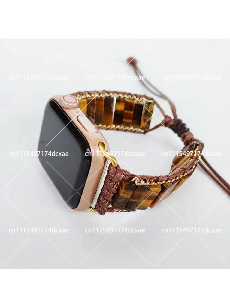 Natural Tiger's Eye Stone Square Woven Bracelet Strap for Watch, Handmade Stone Band