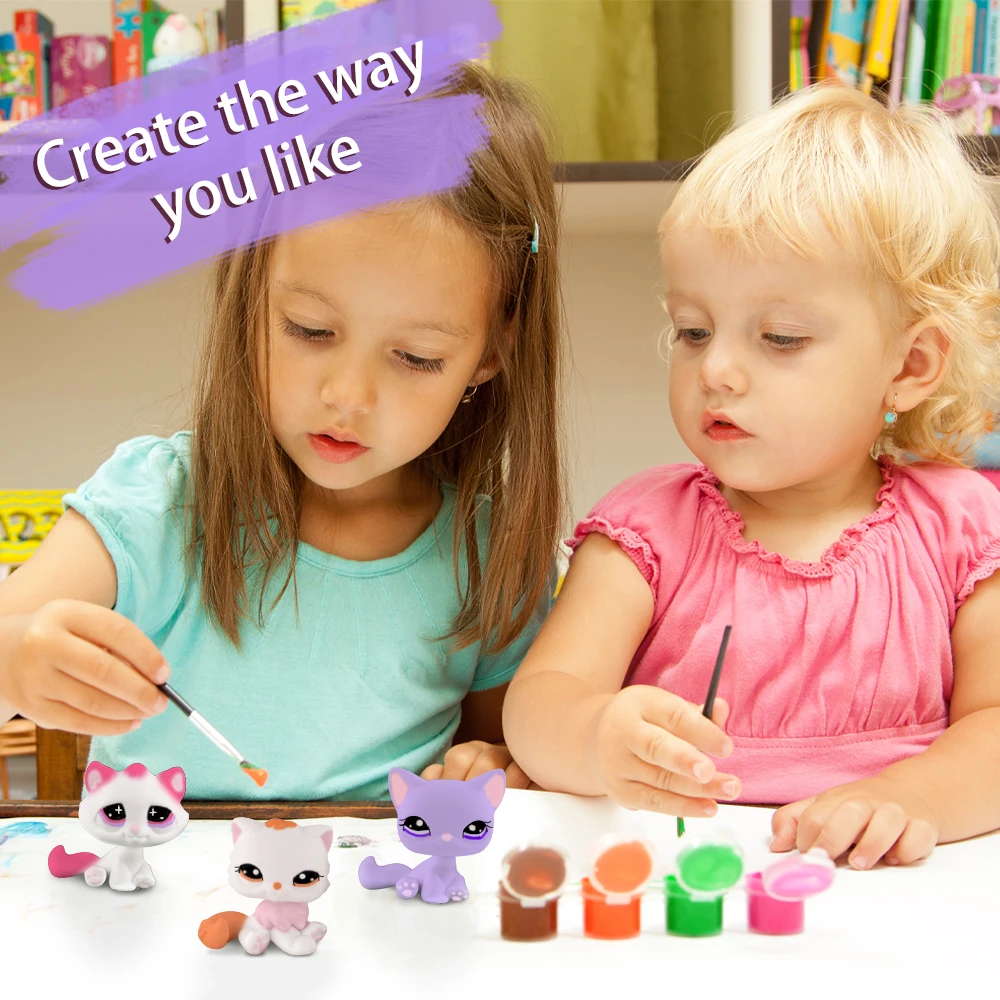 

3pcs LPS Mini Pet Shop Rare Pet Animal White Base Tabby Cat Sitting Cat Persian Cat DIY Paint Parent Child Interactive Toys