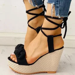 Summer Ankle Strap Women Sandals Platform Wedges High Heel Flock Butterfly Peep Toe Fashion Female Ladies Shoes Zapatos De Mujer