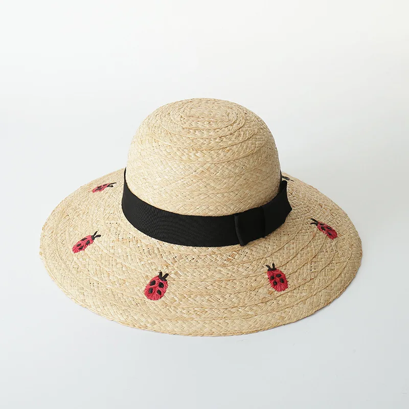 

X318 Raffia Big Brim Hat Hand-embroidered Bow Beach Sun Protection Straw Hat Lady Raffia Panama Hat Adult Jazz Cap