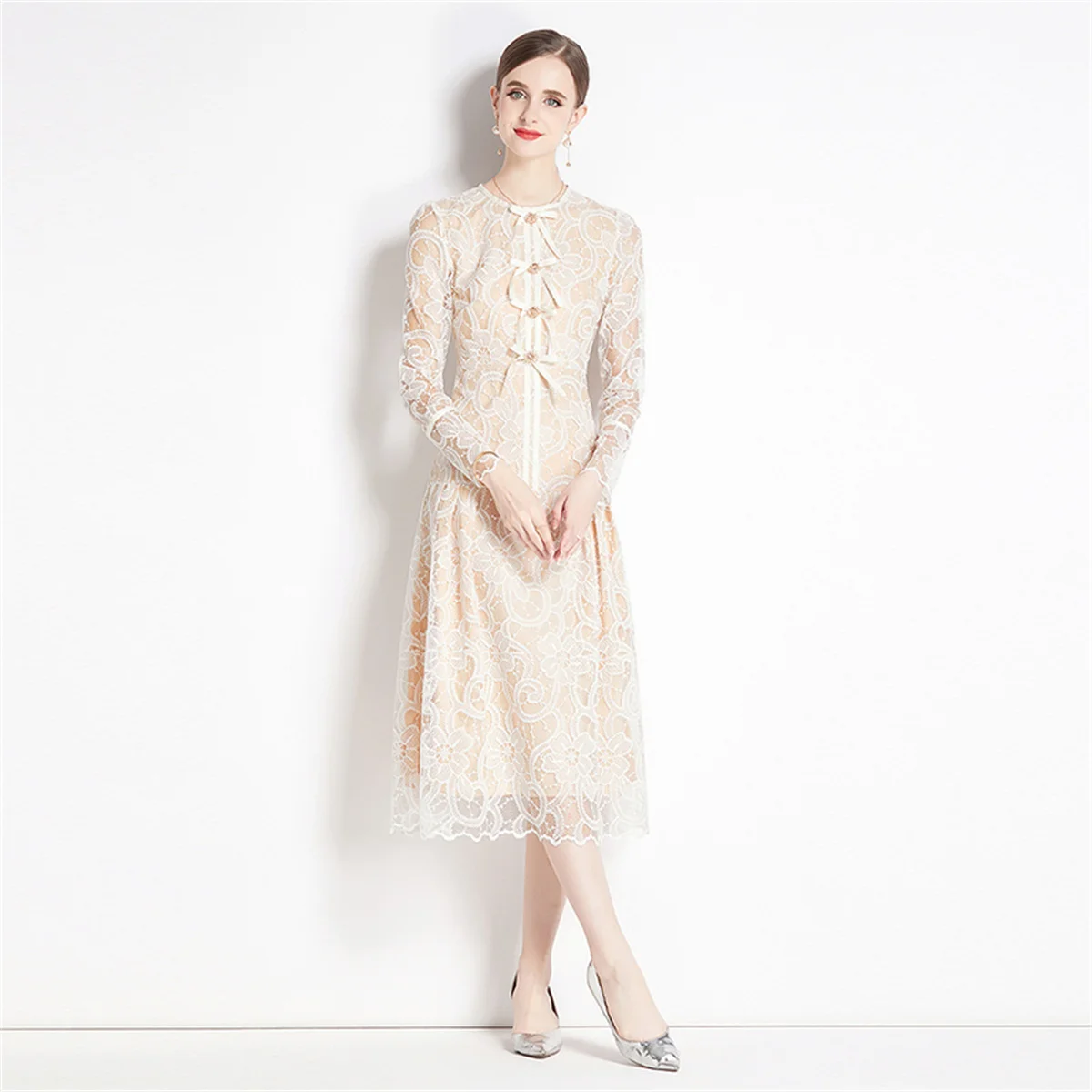 2024 Spring New Elegant O-neck Long Sleeve Lace Dresses for Women Wedding Prom One Piece Dress Beaded Hollow out White Dress