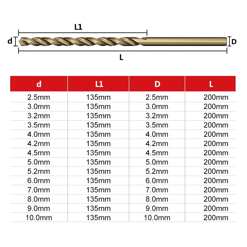 Broca helicoidal de cobalto M35, herramienta de abridor de agujeros de 200-10mm, 2,5mm de largo extendido, para madera y Metal de acero inoxidable, 1 unidad