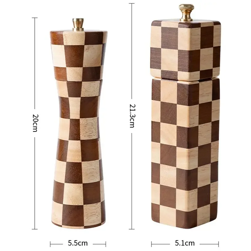 Manual Solid Wood Pepper Grinder Checkerboard Pattern Sea Salt Pepper Mill Granule Grinding Bottle Freshly Ground Pepper Grinder