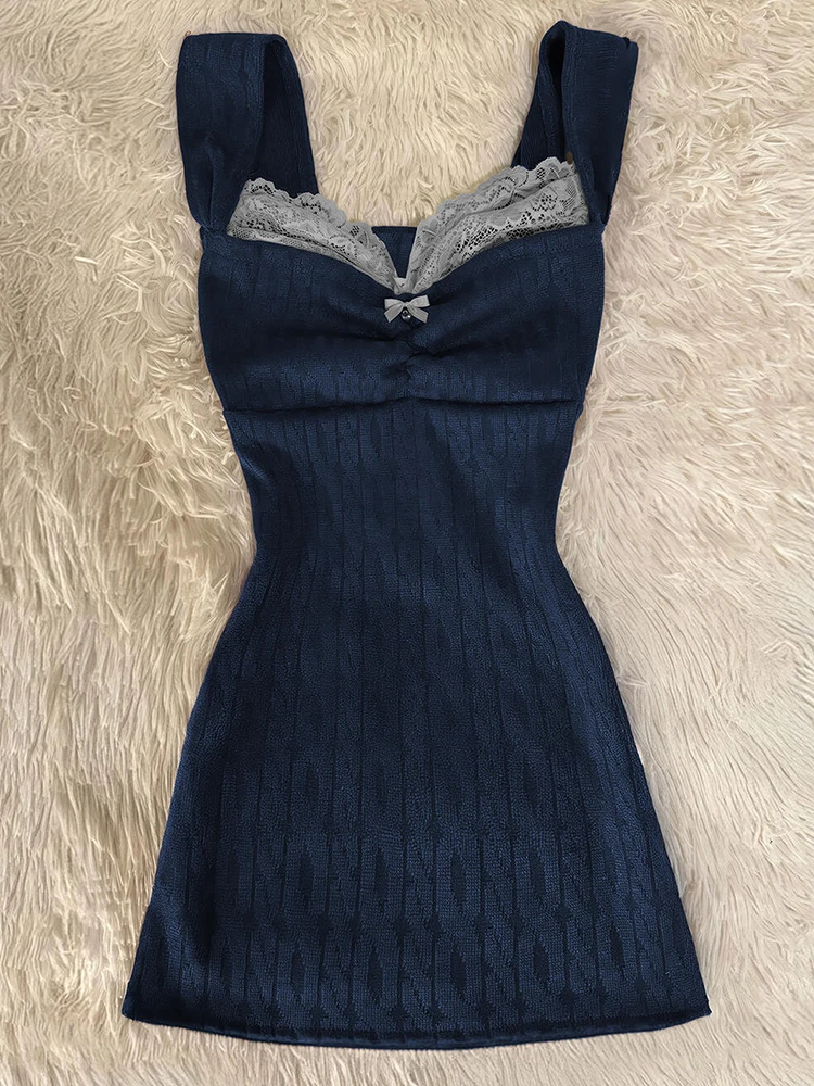

Vintage Lace Knitted Wrap Hip Dress Women's Summer Slim Fit Square Collar Sleeveless Short Dress Fashion Female Clothes