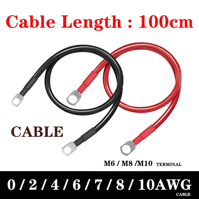 

100cm Wire Battery Cable 0AWG 2AWG 4AWG 6AWG 7AWG 8AWG 10AWG With M6 M8 M10 Terminal Lug For Inverter Car Solar