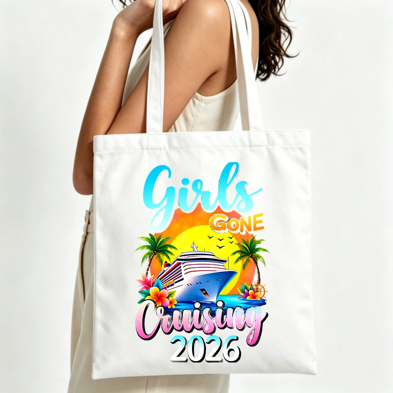 cruise ship and sunset graphic canvas tote bag, casual style for summer travel and beach outings