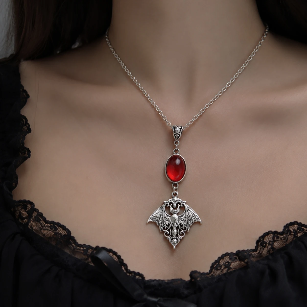 Gothic Bat Pendant Necklace Vintage Red Oval Crystal Gem Necklace Bat Charm Punk Dark Halloween Neck Jewelry for Women