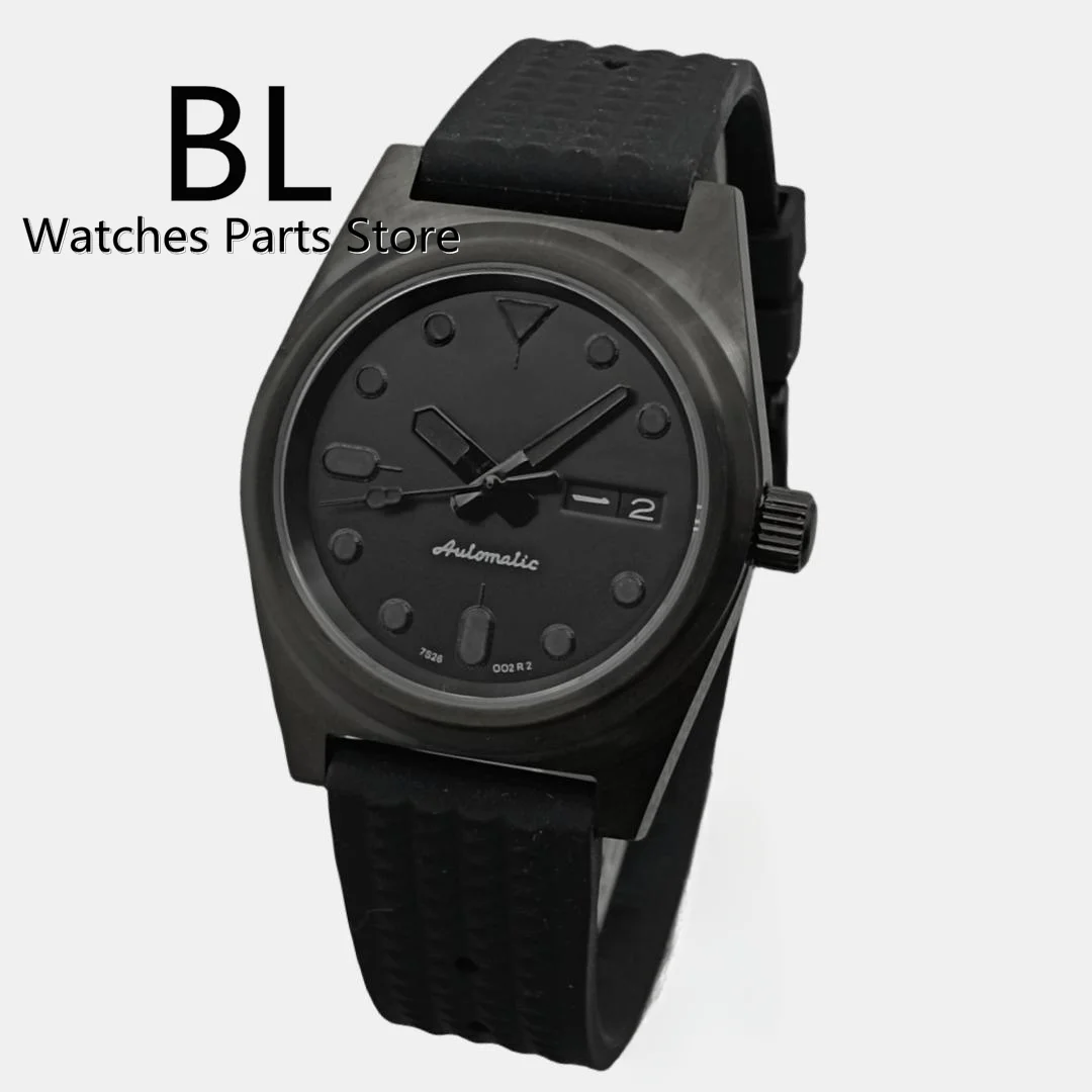 BLIGER Watch For Men NH36 Movement Week-date Function 36mm Full Black Case Sapphire Glass Black Dial Green Luminous Rubber Strap