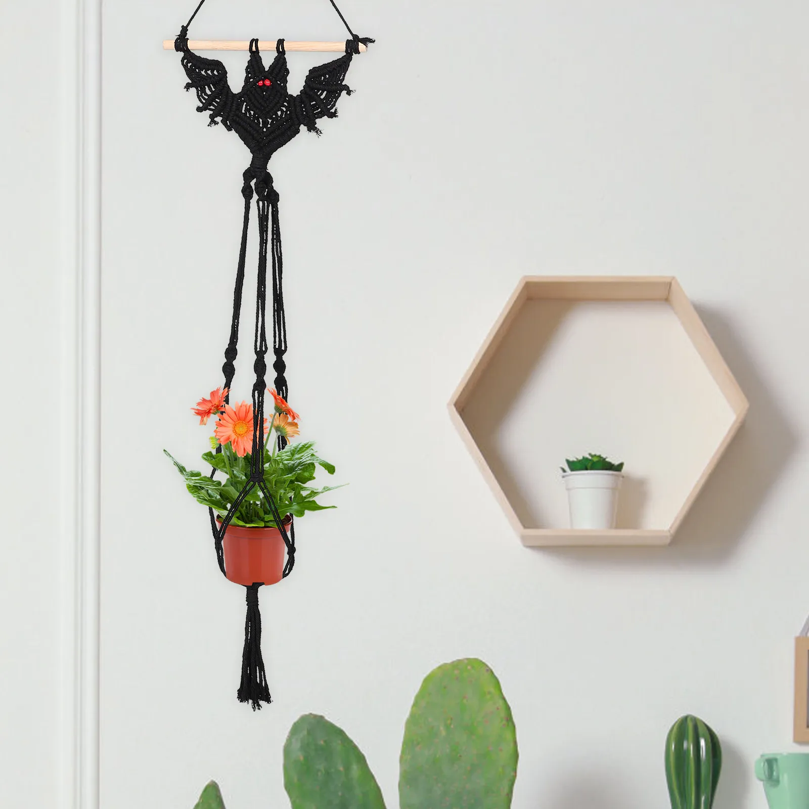 Halloween Bat Macrame Pendant Hanging Wall Decor Handwoven Flowerpot Hanger Party Home Decoration Halloween Supplies