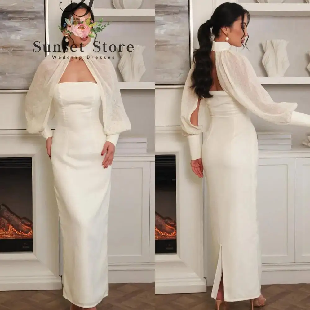 

Customized High Quality Strapless Ankle Length Halter White Backless Zipper A-line Split Vestidos Para Casamento Convidados