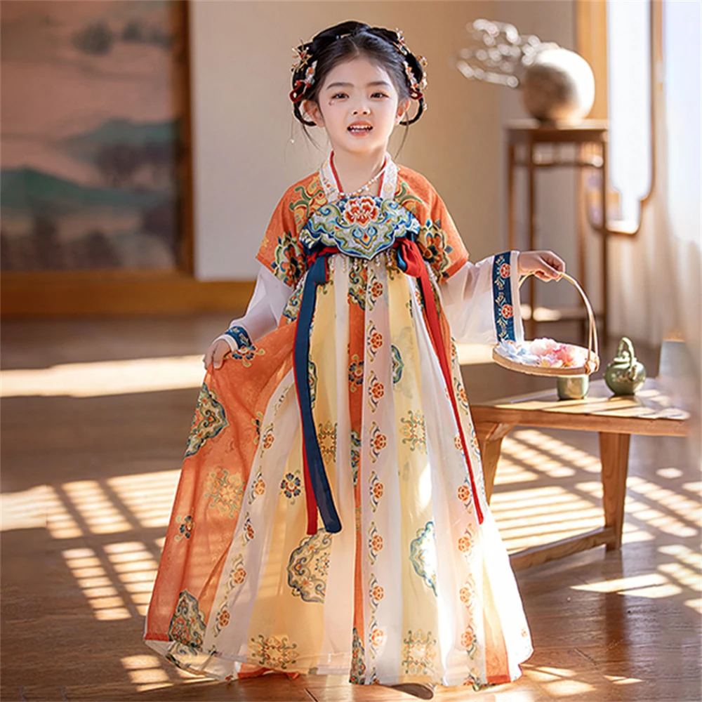 Spring Autumn Chinese Traditional Embroidery Dress Girl Hanfu Folk Tang Suit Fairy Performance Costume Children Vintage Clothing