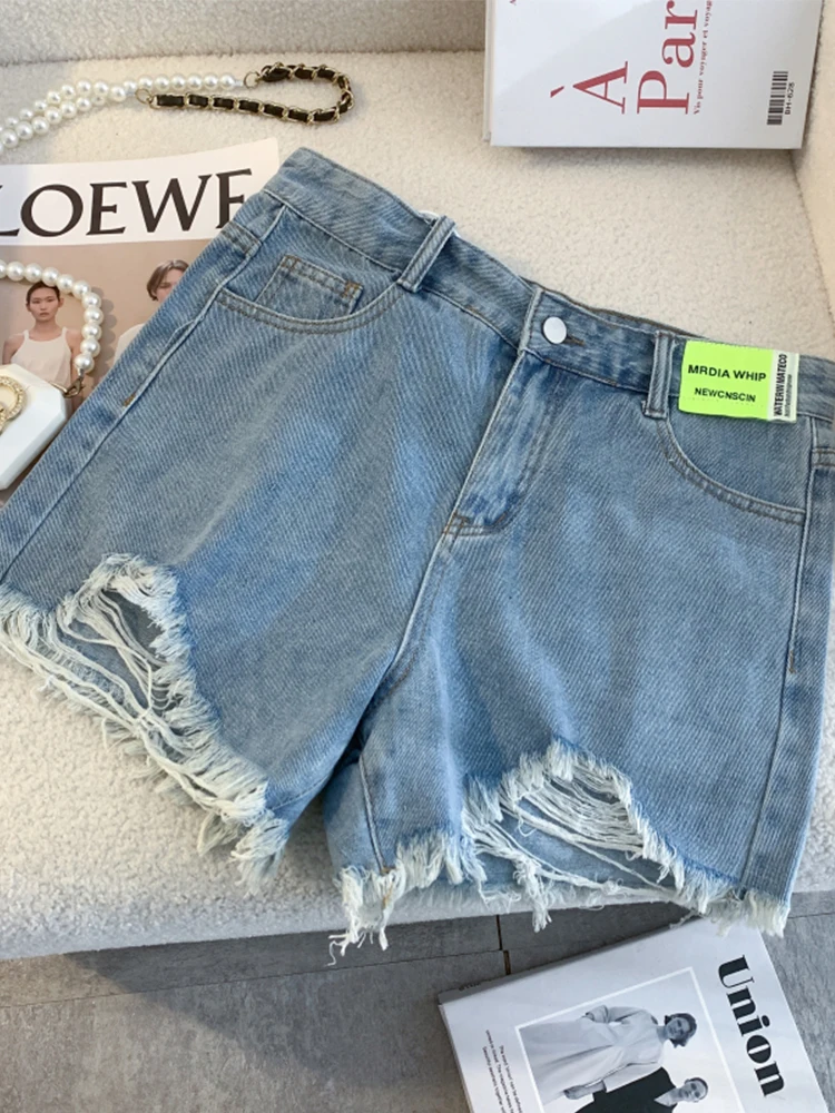 

Summer Korean Women's Cowboy Shorts High Waist Casual Blue Denim Shorts Pocket Tassel Perforated Fashion Shorts Y2K Female Jeans