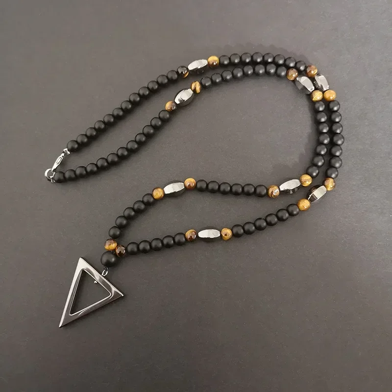 

New Geometric Triangle Pendant Matte Black Agate Beaded Necklaces for Men Boy Nature Stone Fashioin Neck