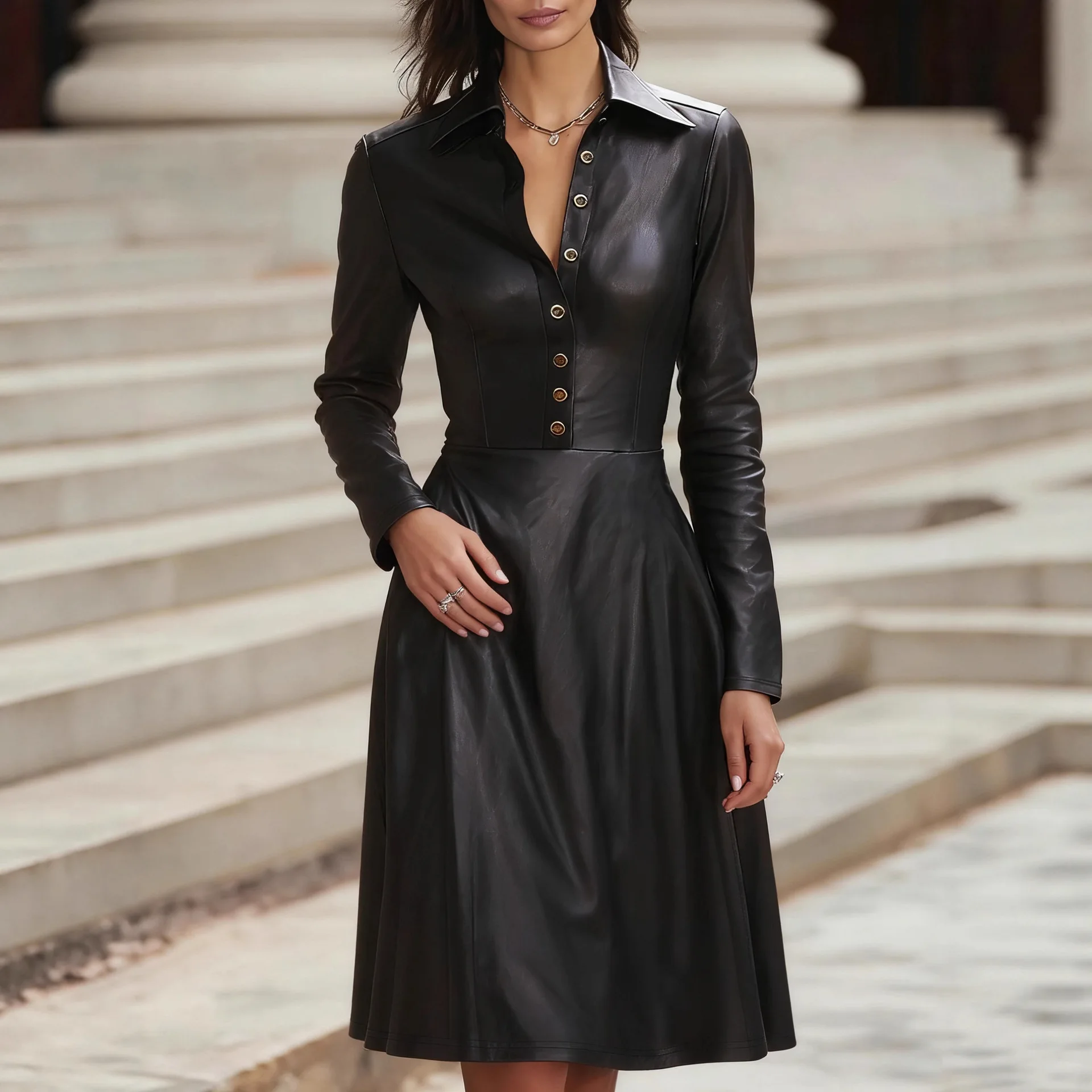 

PU Faux Leather Long Dress Turn Down Collar Long Sleeve Elegant Vintage Casual High Street A-Line Mid-Length Dresses for Women